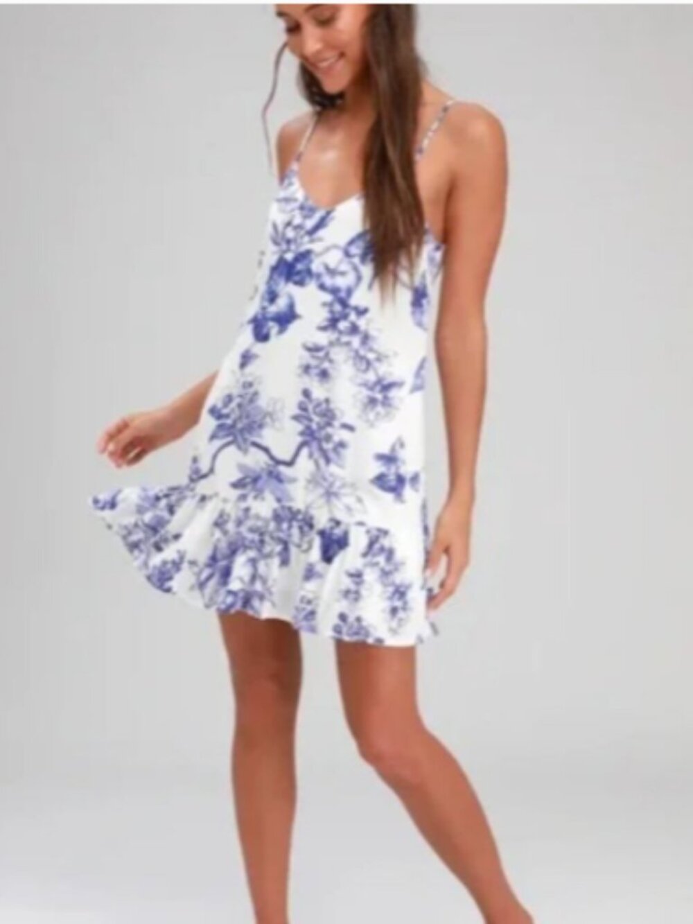 Lulus Blue and White Floral Ruffled Shift Dress XS